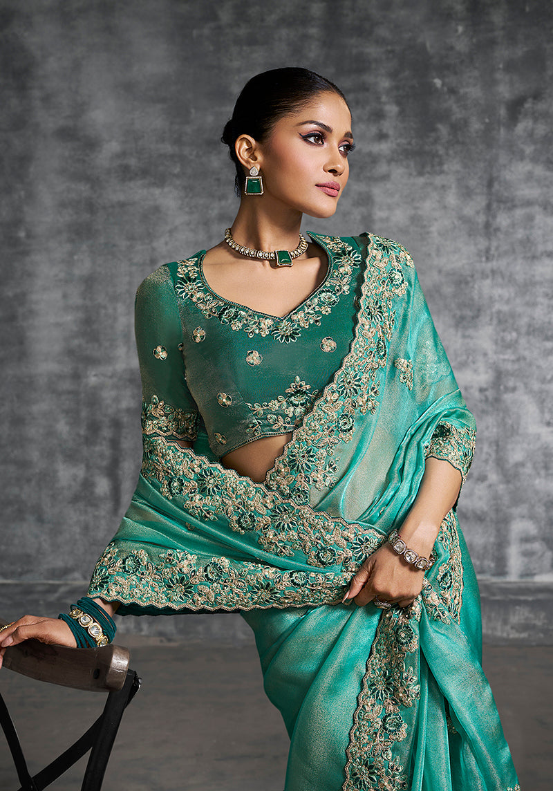 Monjolika Fashion Turquoise Tissue Traditional Saree with Embroidered, Resham and Thread Work for Ceremonial | Grocsy