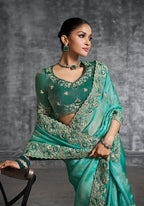 Monjolika Fashion Turquoise Tissue Traditional Saree with Embroidered, Resham and Thread Work for Ceremonial | Grocsy