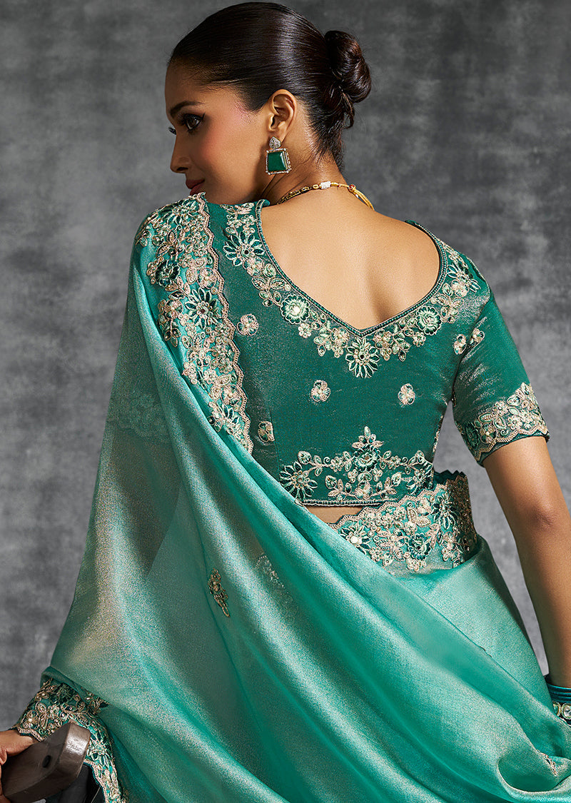 Monjolika Fashion Turquoise Tissue Traditional Saree with Embroidered, Resham and Thread Work for Ceremonial | Grocsy