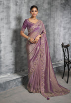Monjolika Fashion Mauve Tissue Traditional Saree with Embroidered, Resham and Thread Work for Ceremonial | Grocsy