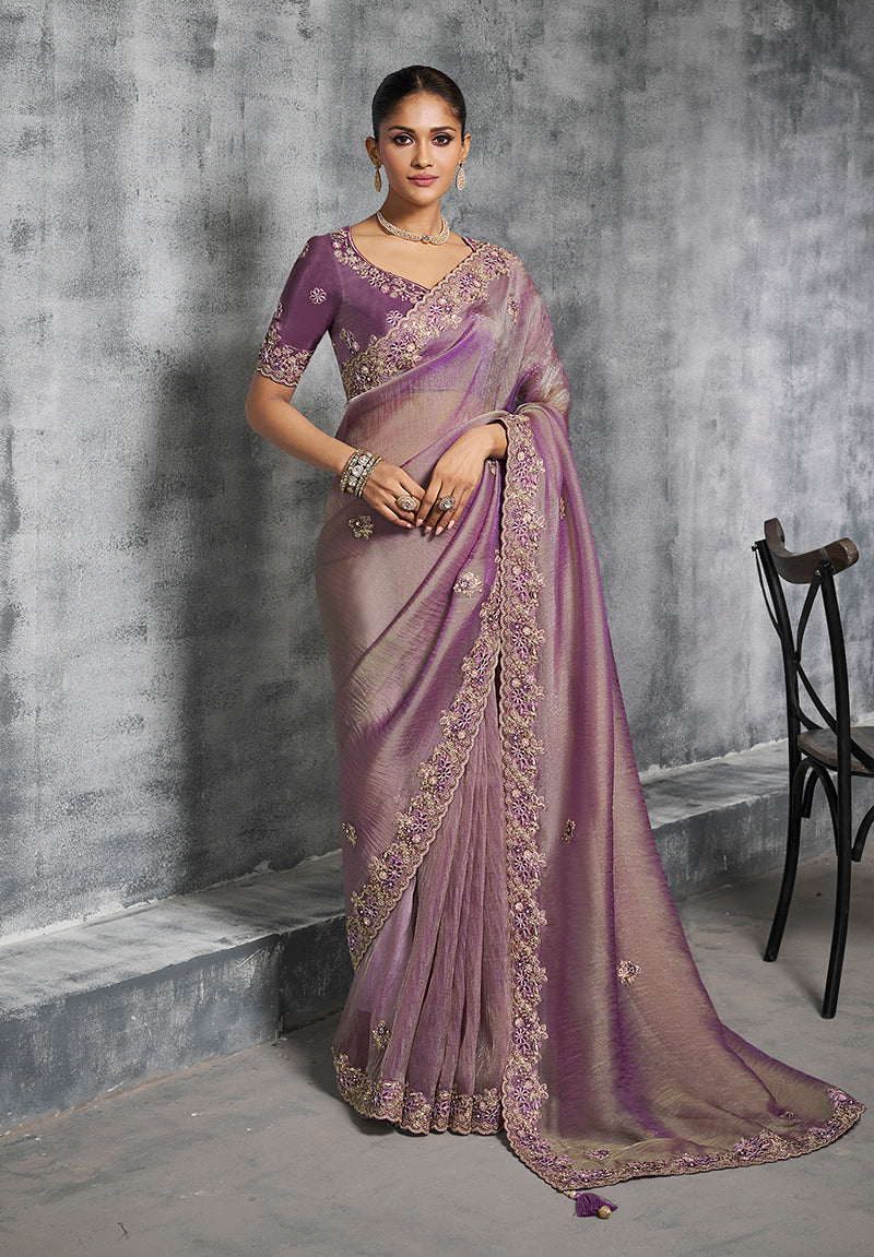 Monjolika Fashion Mauve Tissue Traditional Saree with Embroidered, Resham and Thread Work for Ceremonial | Grocsy