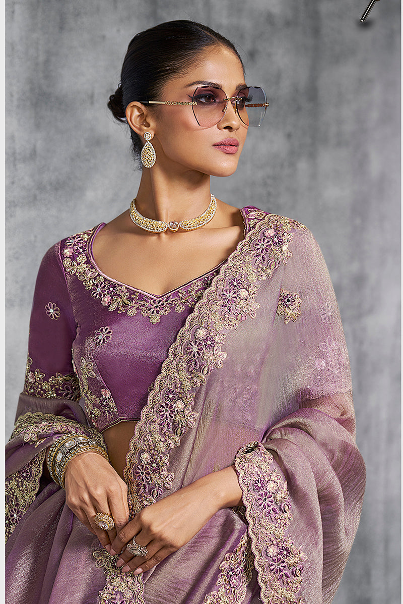 Monjolika Fashion Mauve Tissue Traditional Saree with Embroidered, Resham and Thread Work for Ceremonial | Grocsy