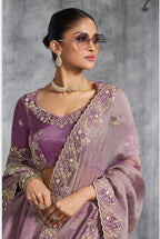 Monjolika Fashion Mauve Tissue Traditional Saree with Embroidered, Resham and Thread Work for Ceremonial | Grocsy