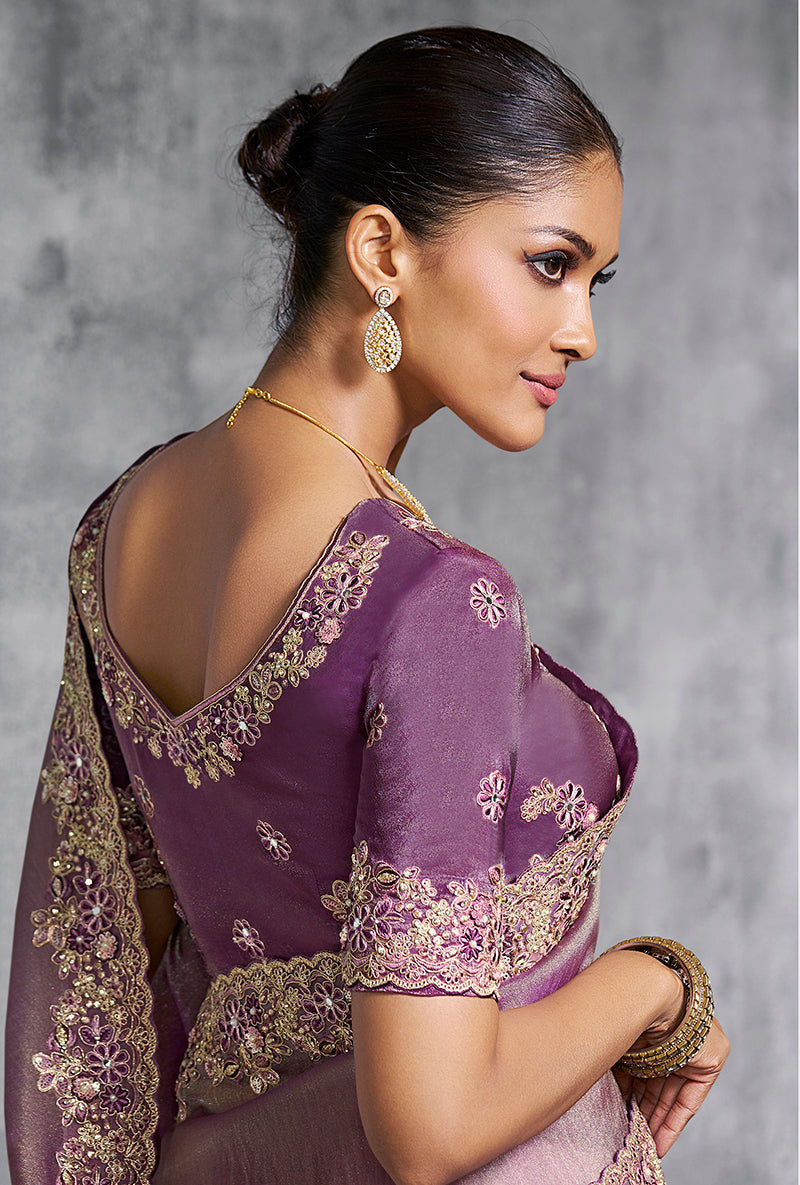Monjolika Fashion Mauve Tissue Traditional Saree with Embroidered, Resham and Thread Work for Ceremonial | Grocsy