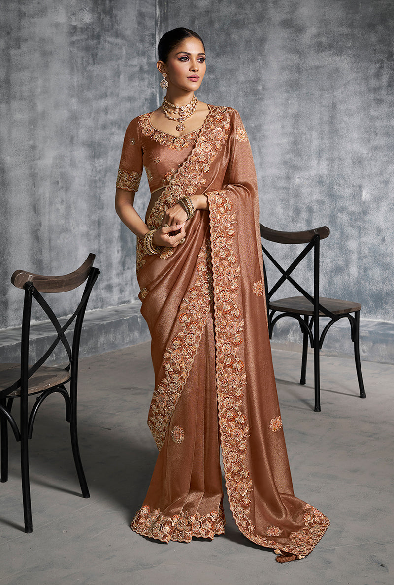Monjolika Fashion Brown Tissue Traditional Saree with Embroidered, Resham and Thread Work for Ceremonial | Grocsy