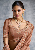 Monjolika Fashion Brown Tissue Traditional Saree with Embroidered, Resham and Thread Work for Ceremonial | Grocsy