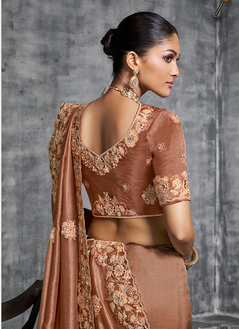 Monjolika Fashion Brown Tissue Traditional Saree with Embroidered, Resham and Thread Work for Ceremonial | Grocsy