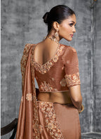 Monjolika Fashion Brown Tissue Traditional Saree with Embroidered, Resham and Thread Work for Ceremonial | Grocsy