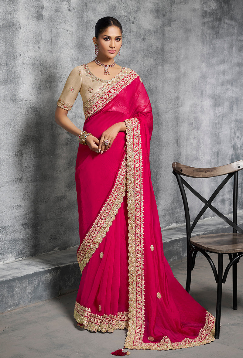 Monjolika Fashion Hot Pink Embroidered and Lace Work Rangoli Satin Contemporary Sari | Grocsy