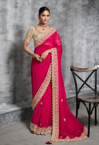 Monjolika Fashion Hot Pink Embroidered and Lace Work Rangoli Satin Contemporary Sari | Grocsy
