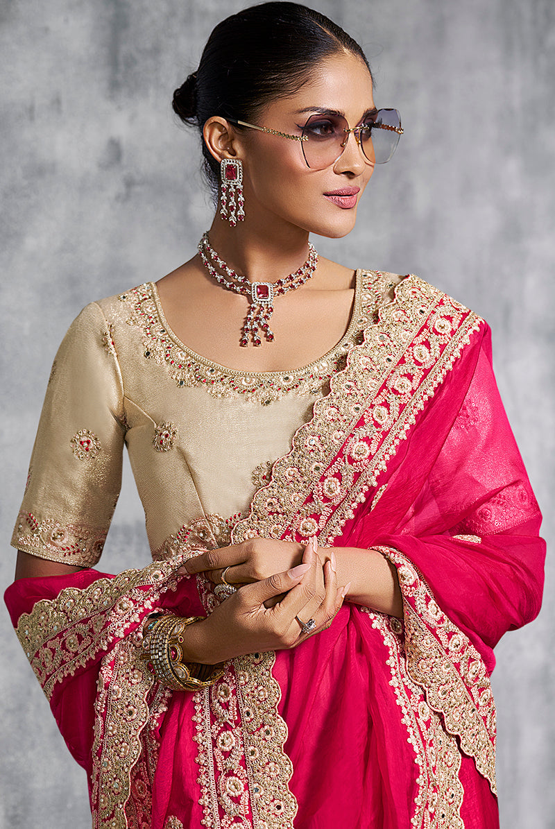 Monjolika Fashion Hot Pink Embroidered and Lace Work Rangoli Satin Contemporary Sari | Grocsy
