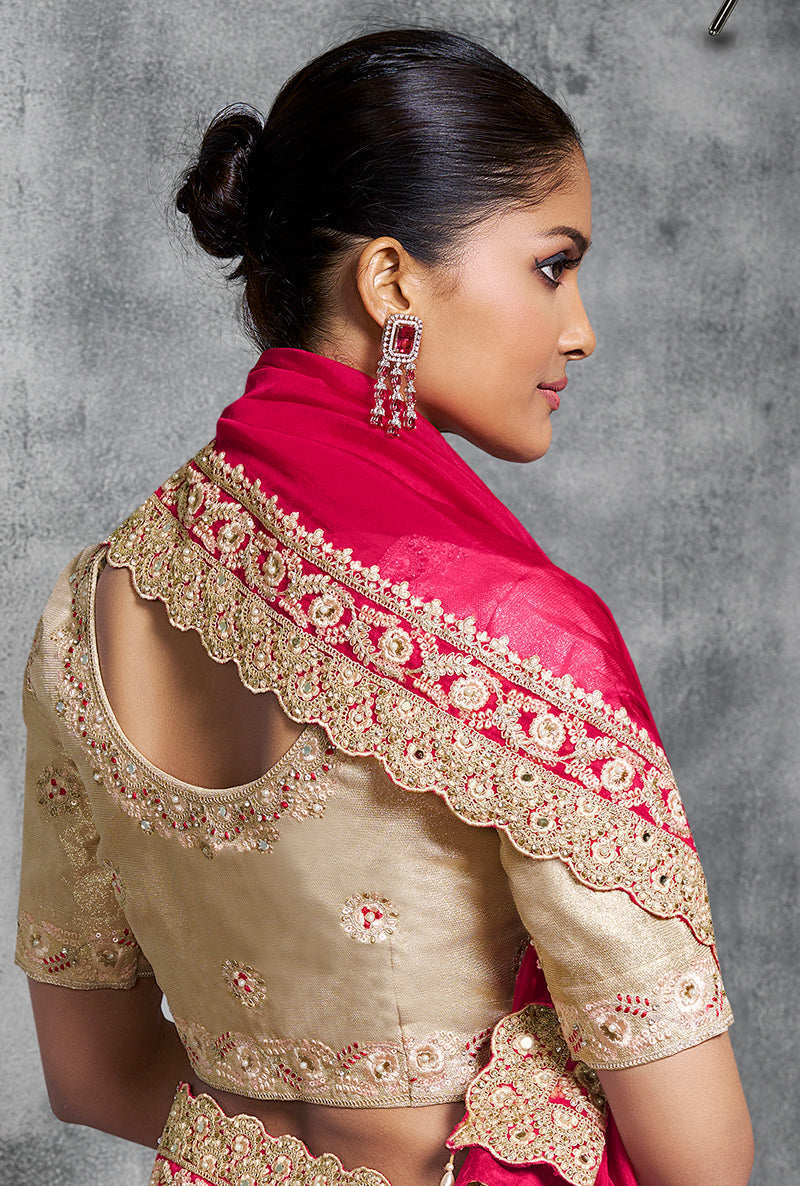Monjolika Fashion Hot Pink Embroidered and Lace Work Rangoli Satin Contemporary Sari | Grocsy