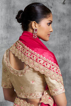 Monjolika Fashion Hot Pink Embroidered and Lace Work Rangoli Satin Contemporary Sari | Grocsy