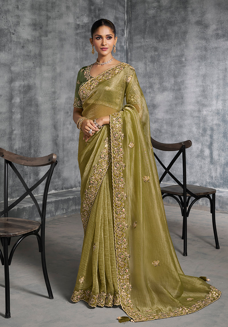 Monjolika Fashion Olive Green Tissue Traditional Saree with Embroidered, Resham and Thread Work for Ceremonial | Grocsy