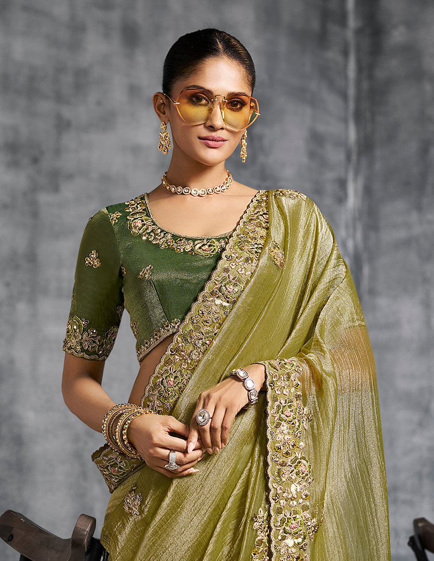 Monjolika Fashion Olive Green Tissue Traditional Saree with Embroidered, Resham and Thread Work for Ceremonial | Grocsy