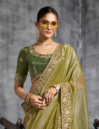 Monjolika Fashion Olive Green Tissue Traditional Saree with Embroidered, Resham and Thread Work for Ceremonial | Grocsy