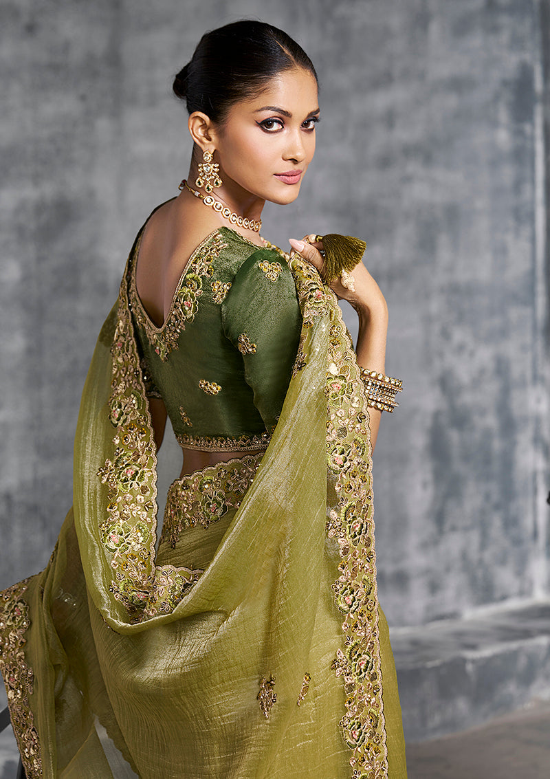Monjolika Fashion Olive Green Tissue Traditional Saree with Embroidered, Resham and Thread Work for Ceremonial | Grocsy