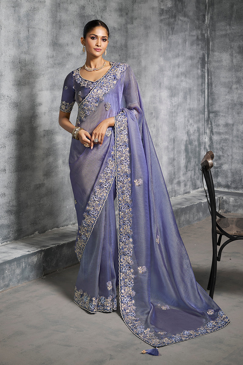 Monjolika Fashion Lavender Tissue Traditional Saree with Embroidered, Resham and Thread Work for Ceremonial | Grocsy
