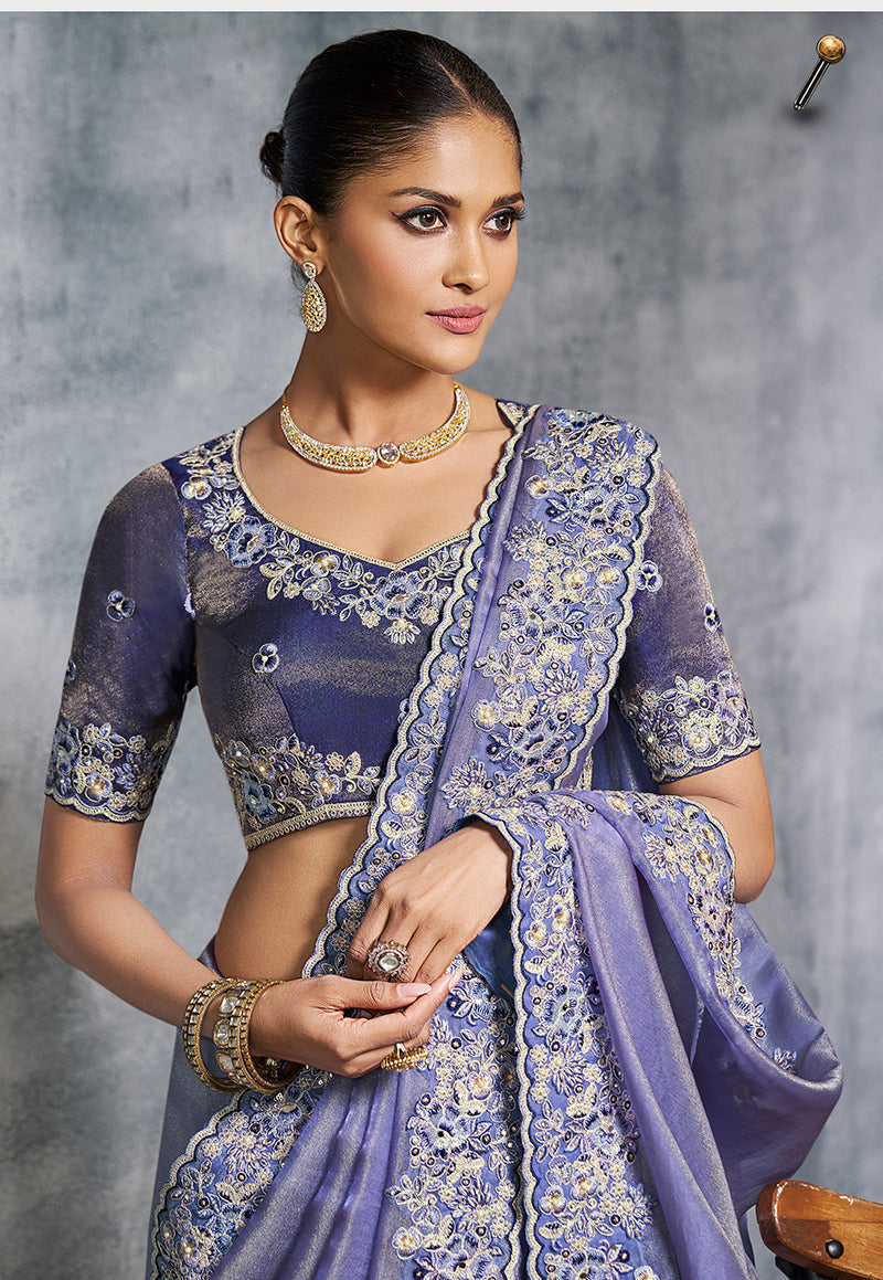 Monjolika Fashion Lavender Tissue Traditional Saree with Embroidered, Resham and Thread Work for Ceremonial | Grocsy