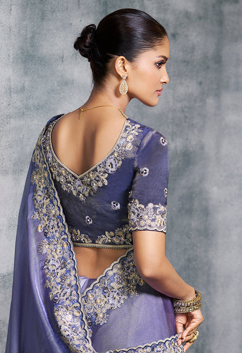 Monjolika Fashion Lavender Tissue Traditional Saree with Embroidered, Resham and Thread Work for Ceremonial | Grocsy