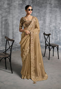 Monjolika Fashion Beige Tissue Traditional Saree with Embroidered, Resham and Thread Work for Ceremonial | Grocsy