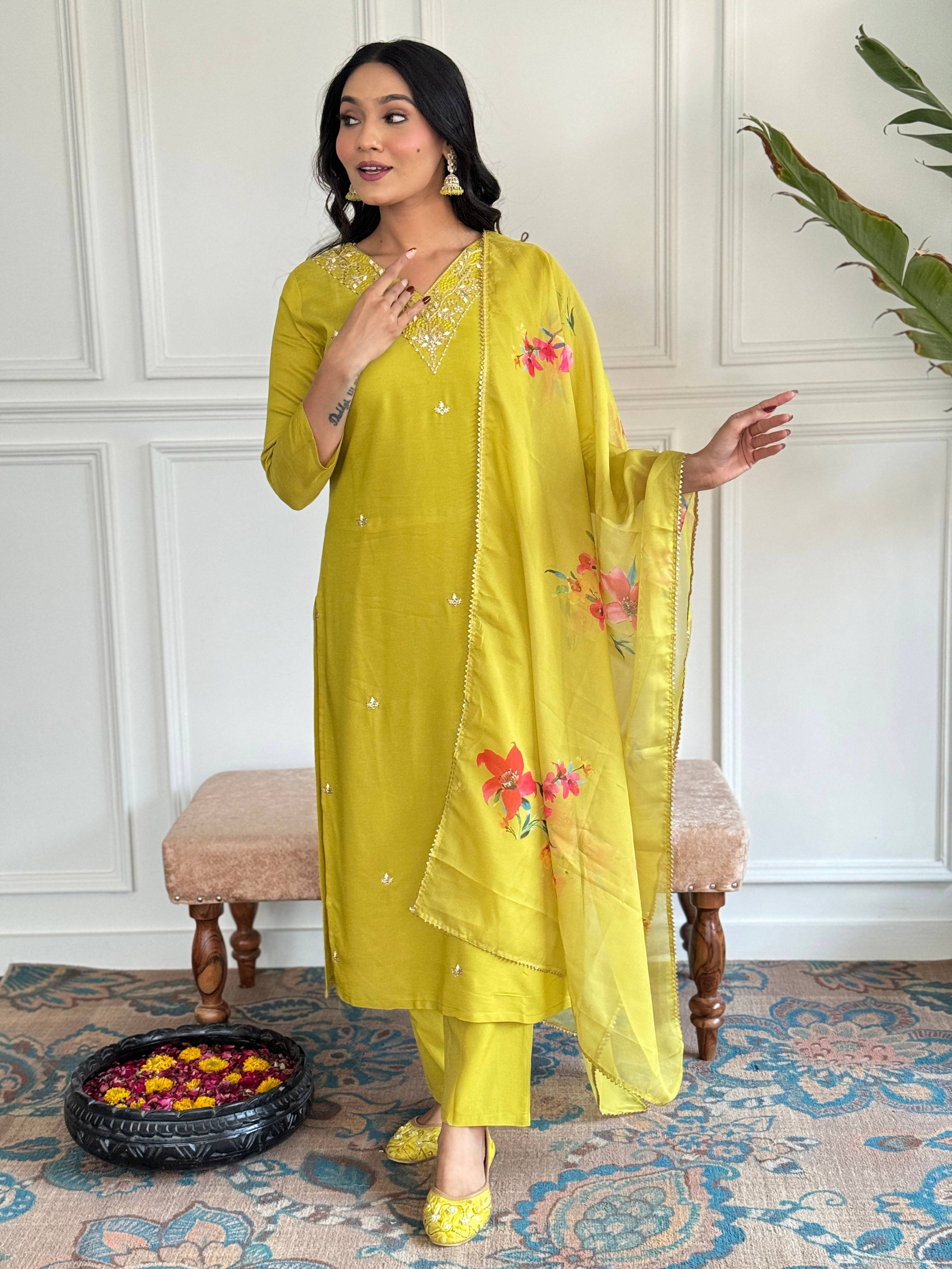 The52 Yellow Embroidered Rayon Slub Fabric Straight Kurta, Pant and Dupatta Set | Grocsy