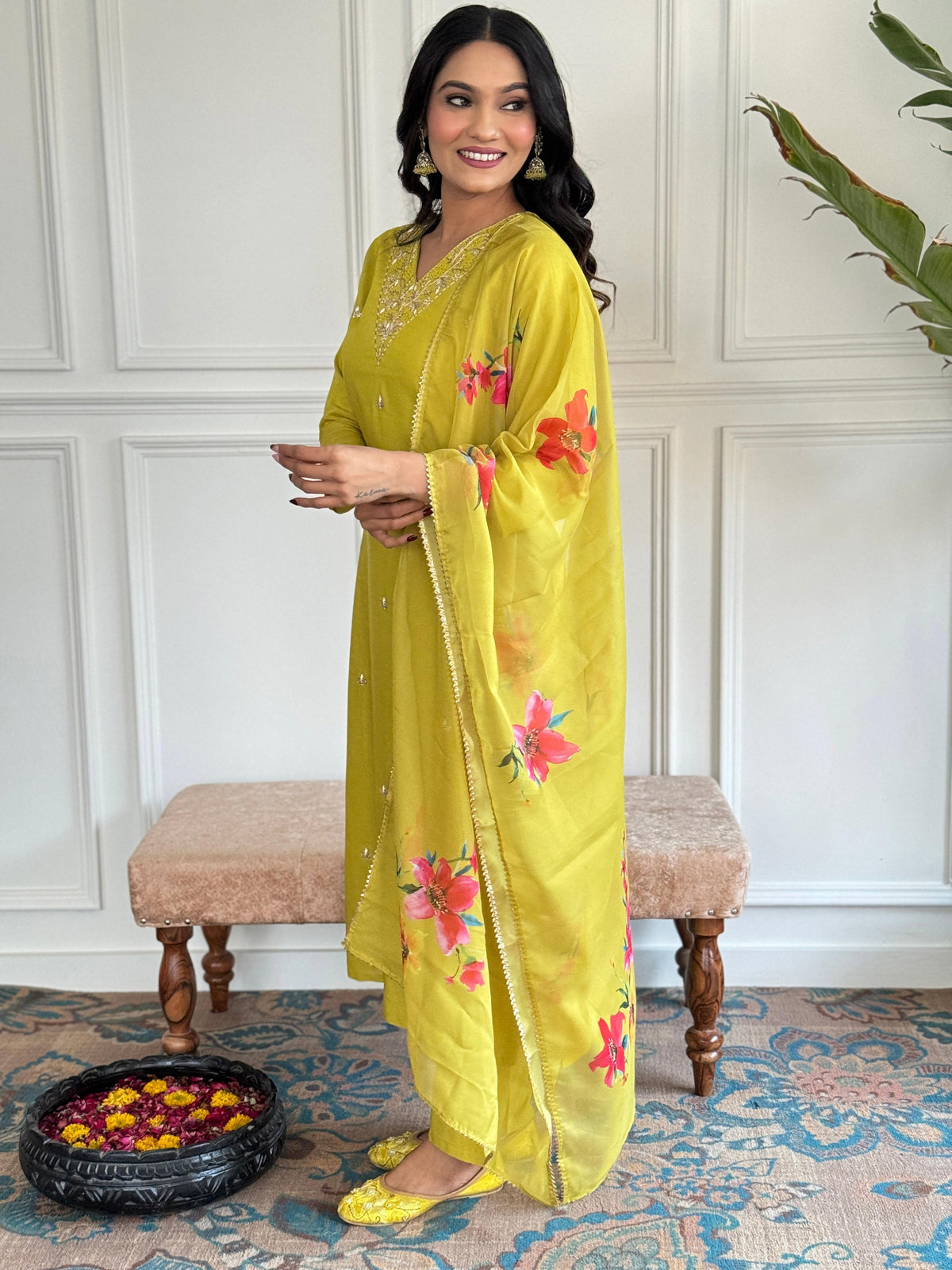 The52 Yellow Embroidered Rayon Slub Fabric Straight Kurta, Pant and Dupatta Set | Grocsy
