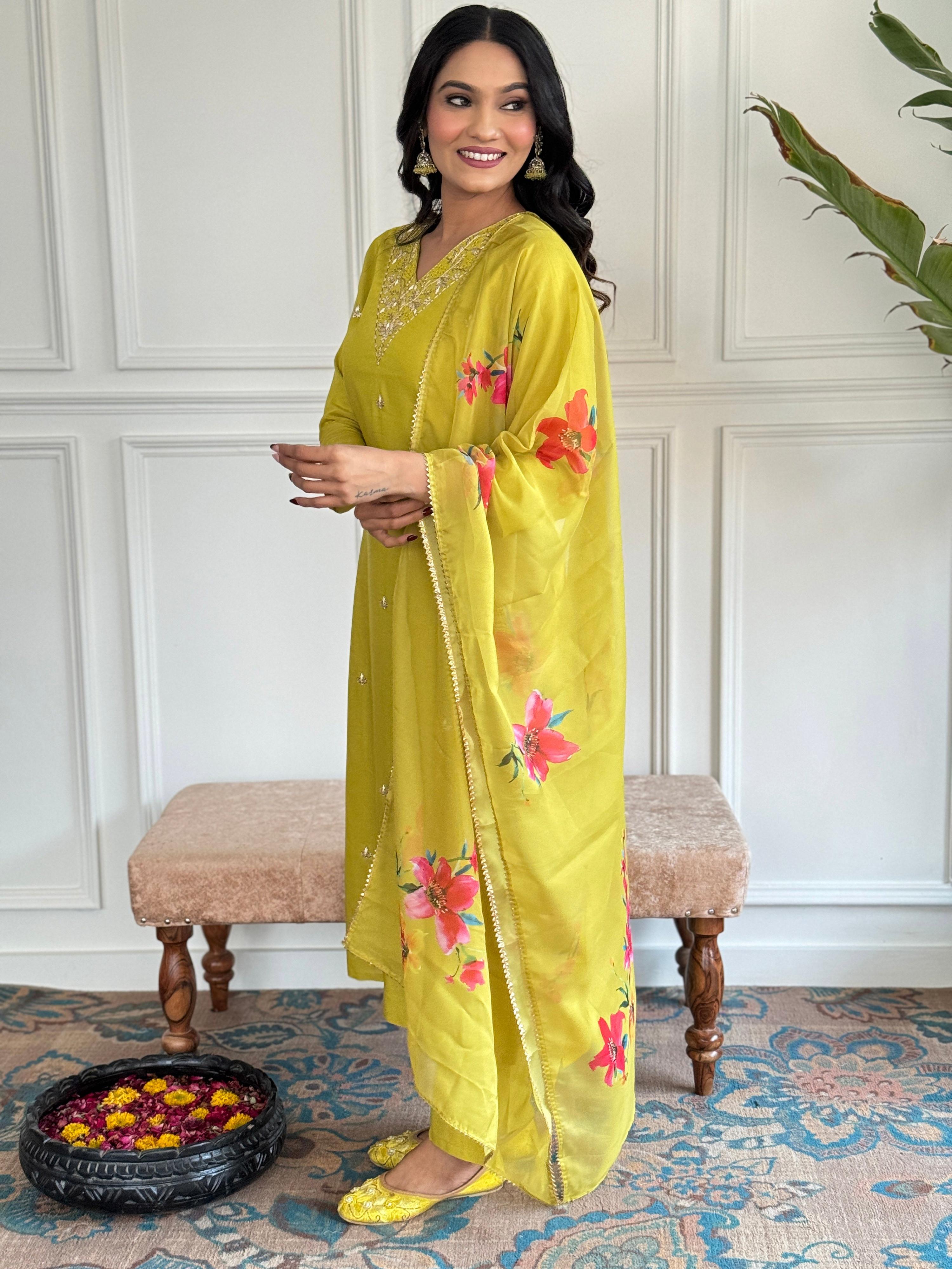The52 Yellow Embroidered Rayon Slub Fabric Straight Kurta, Pant and Dupatta Set | Grocsy