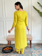 The52 Yellow Embroidered Rayon Slub Fabric Straight Kurta, Pant and Dupatta Set | Grocsy