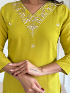 The52 Yellow Embroidered Rayon Slub Fabric Straight Kurta, Pant and Dupatta Set | Grocsy