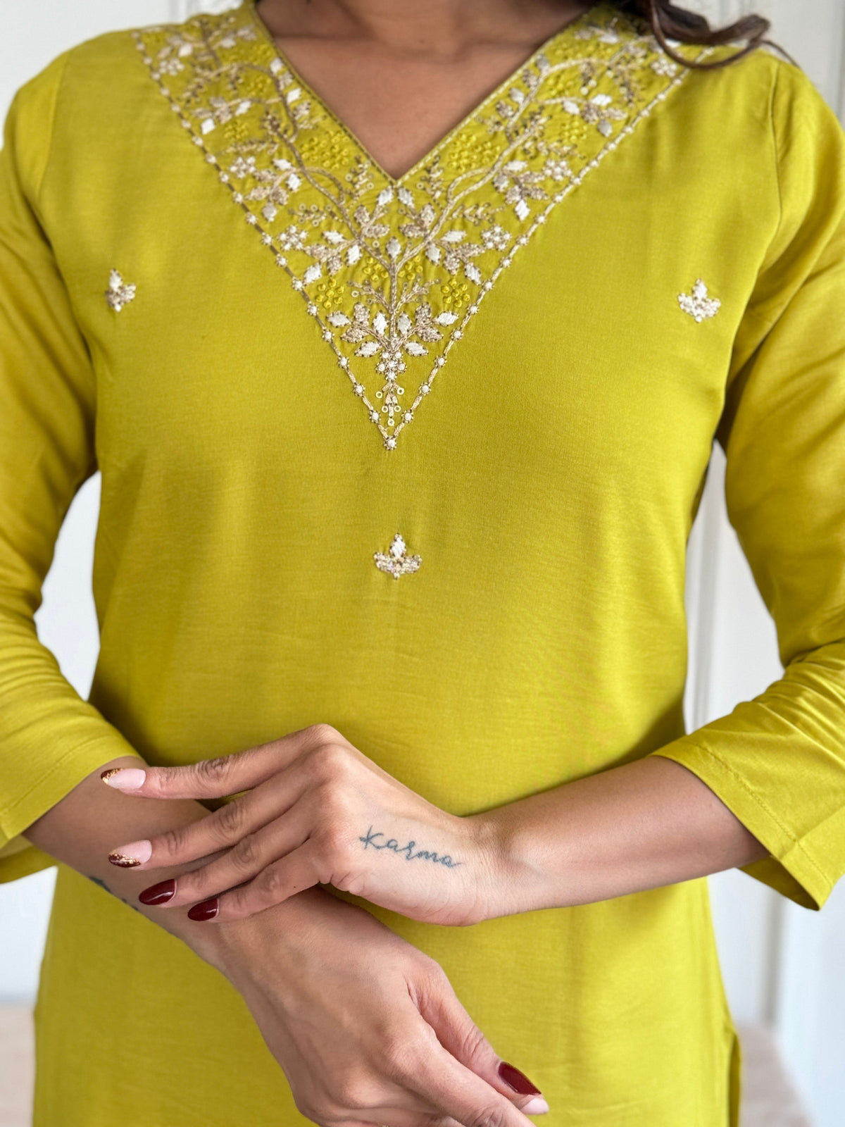 The52 Yellow Embroidered Rayon Slub Fabric Straight Kurta, Pant and Dupatta Set | Grocsy