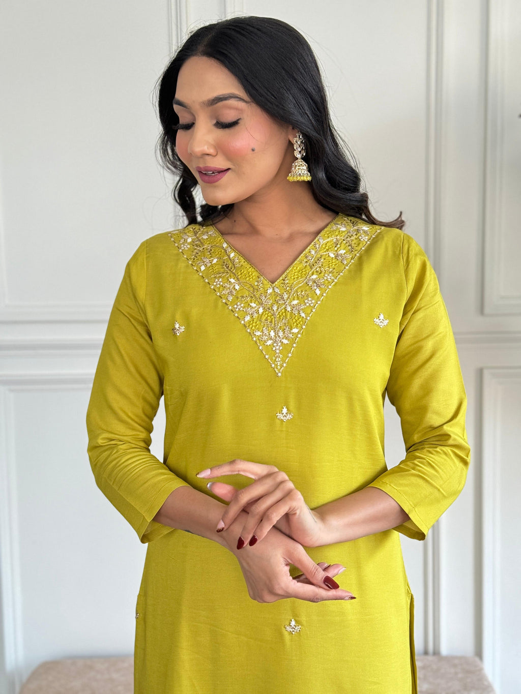 The52 Yellow Embroidered Rayon Slub Fabric Straight Kurta, Pant and Dupatta Set | Grocsy