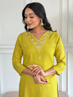 The52 Yellow Embroidered Rayon Slub Fabric Straight Kurta, Pant and Dupatta Set | Grocsy