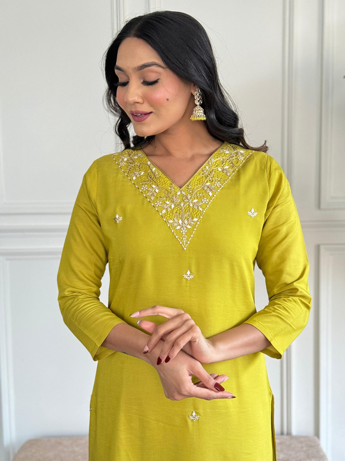 The52 Yellow Embroidered Rayon Slub Fabric Straight Kurta, Pant and Dupatta Set | Grocsy