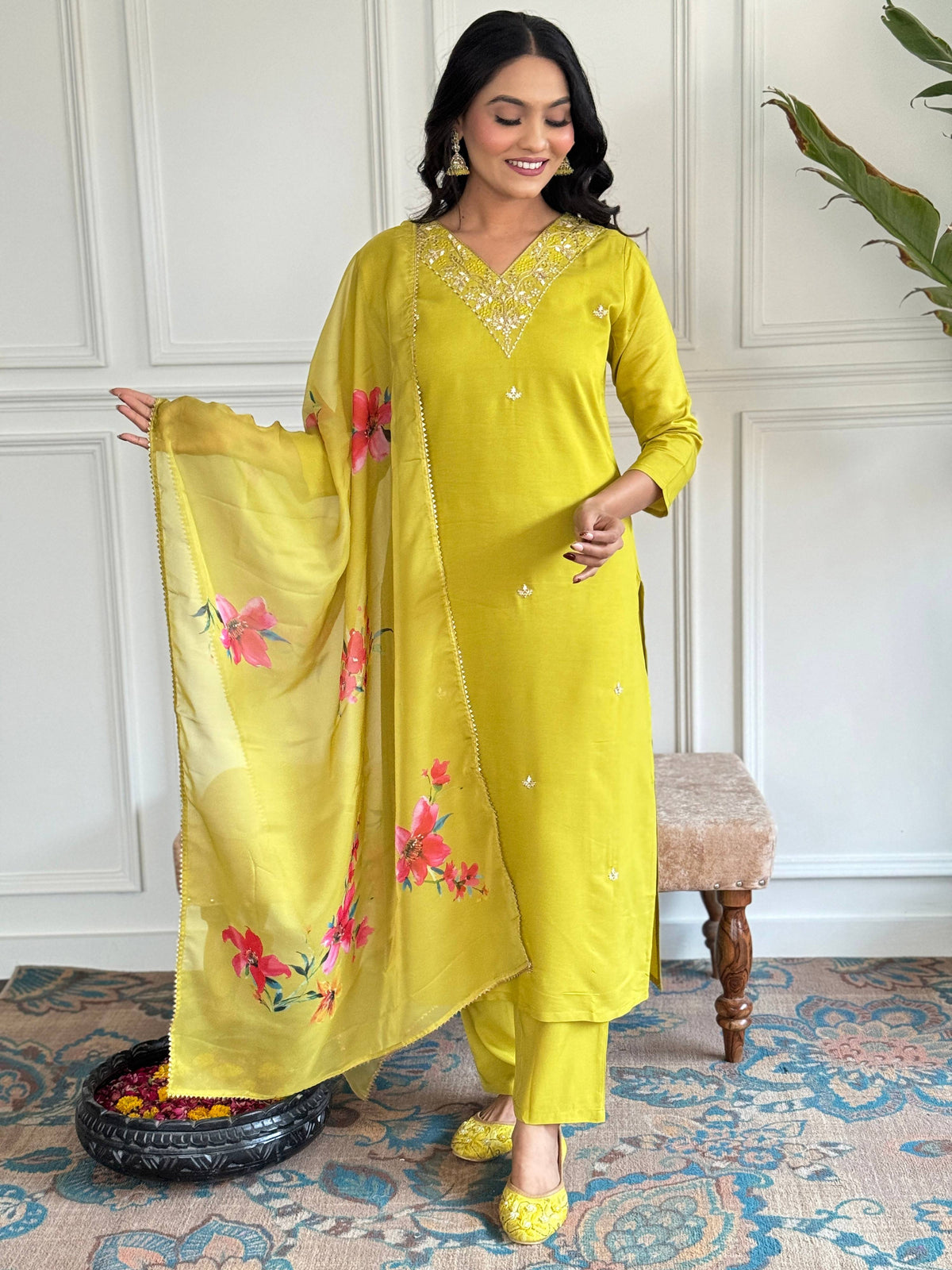 The52 Yellow Embroidered Rayon Slub Fabric Straight Kurta, Pant and Dupatta Set | Grocsy