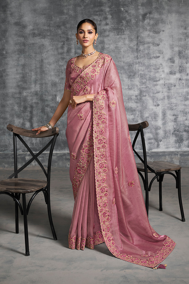 Monjolika Fashion Pink Tissue Traditional Saree with Embroidered, Resham and Thread Work for Ceremonial | Grocsy
