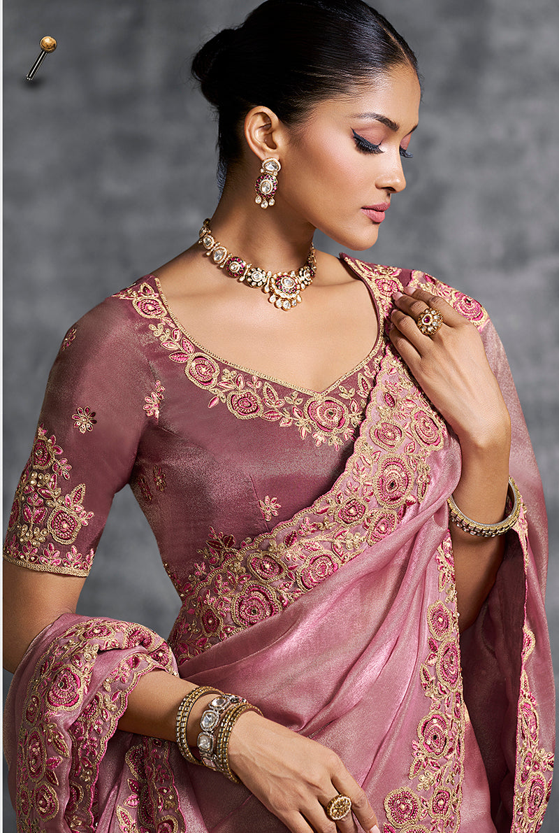 Monjolika Fashion Pink Tissue Traditional Saree with Embroidered, Resham and Thread Work for Ceremonial | Grocsy