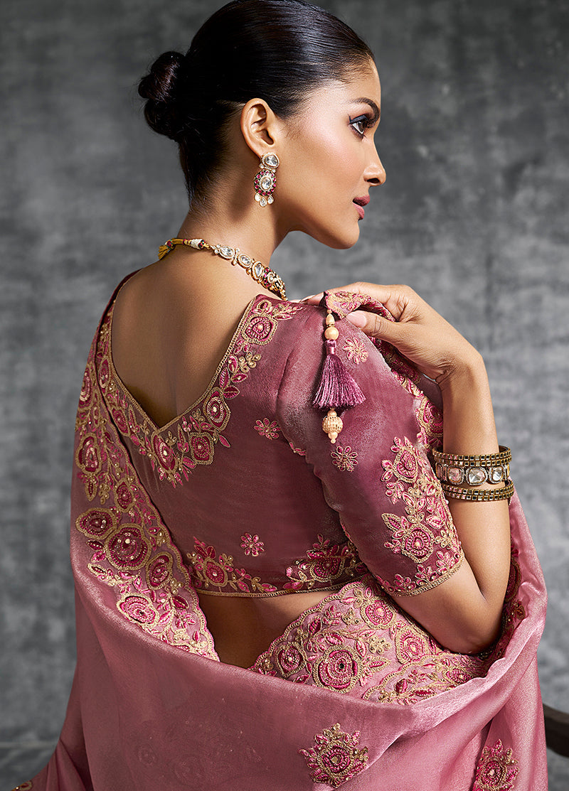 Monjolika Fashion Pink Tissue Traditional Saree with Embroidered, Resham and Thread Work for Ceremonial | Grocsy