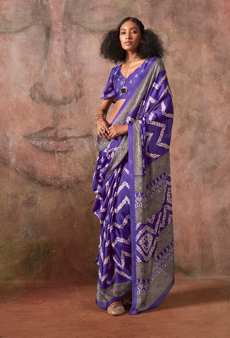 Monjolika Fashion Purple Color Ajrakh Print With Bandhej Pattern Satin Georgette Saree | Grocsy