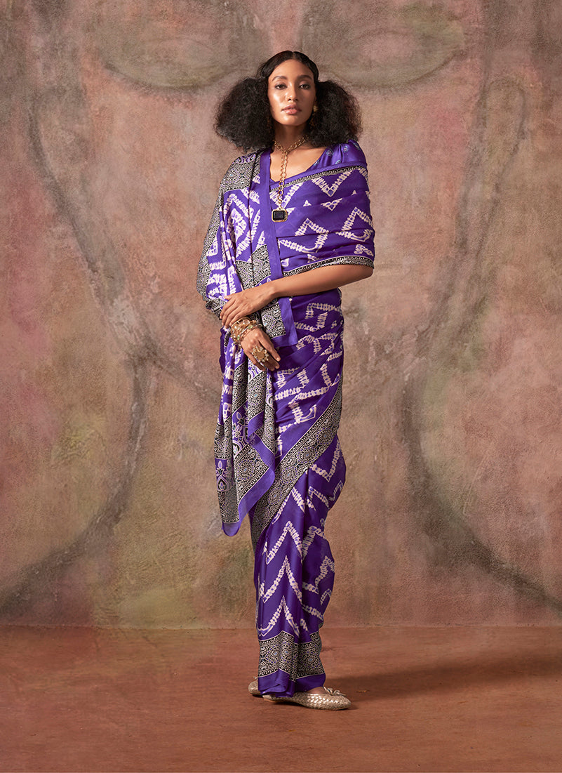 Monjolika Fashion Purple Color Ajrakh Print With Bandhej Pattern Satin Georgette Saree | Grocsy