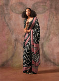Monjolika Fashion Black Color Ajrakh Print With Bandhej Pattern Satin Georgette Saree | Grocsy