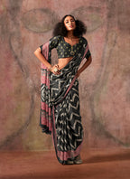 Monjolika Fashion Black Color Ajrakh Print With Bandhej Pattern Satin Georgette Saree | Grocsy