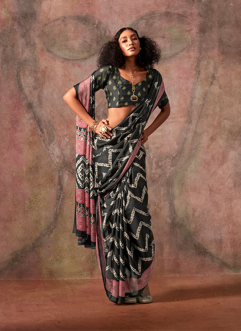 Monjolika Fashion Black Color Ajrakh Print With Bandhej Pattern Satin Georgette Saree | Grocsy