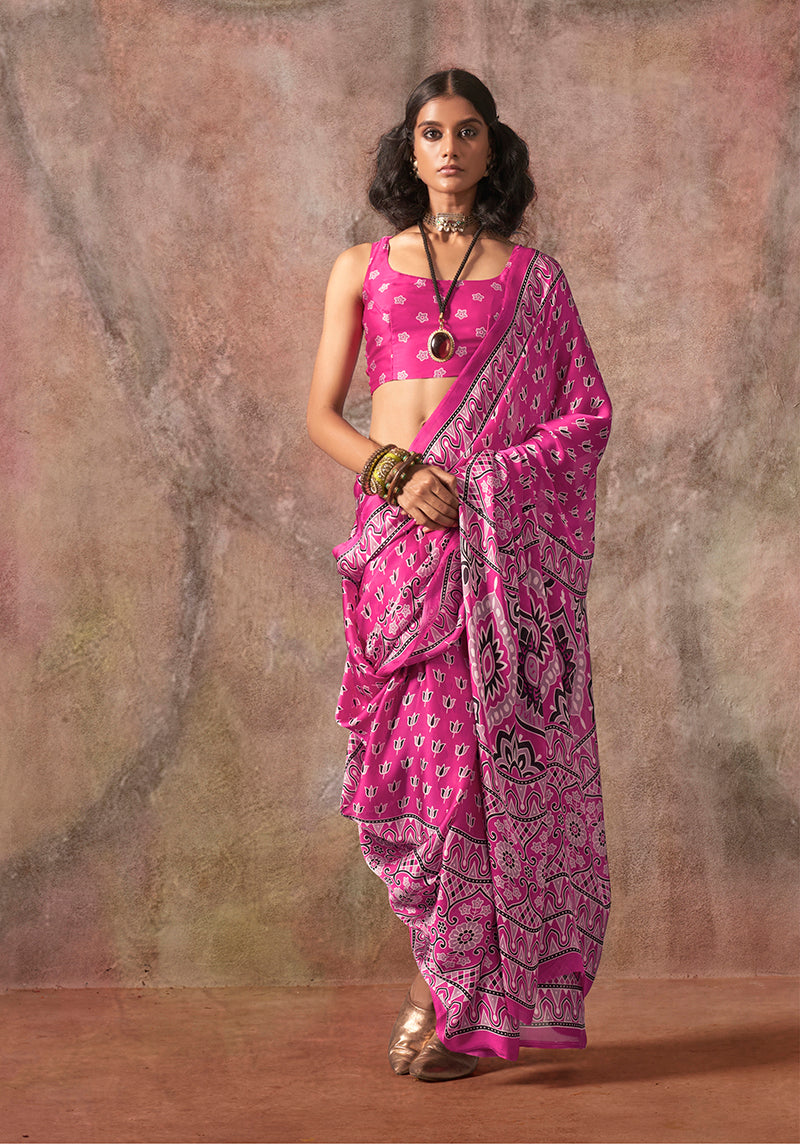 Monjolika Fashion Pink Color Ajrakh Print With Bandhej Pattern Satin Georgette Saree | Grocsy