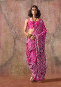 Monjolika Fashion Pink Color Ajrakh Print With Bandhej Pattern Satin Georgette Saree | Grocsy