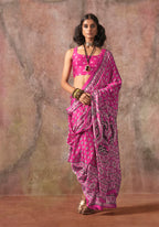 Monjolika Fashion Pink Color Ajrakh Print With Bandhej Pattern Satin Georgette Saree | Grocsy