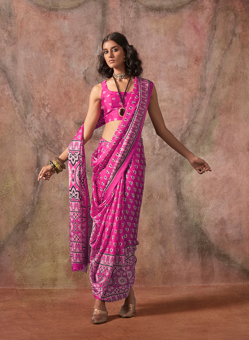 Monjolika Fashion Pink Color Ajrakh Print With Bandhej Pattern Satin Georgette Saree | Grocsy