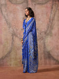 Monjolika Fashion Blue Color Ajrakh Print With Bandhej Pattern Satin Georgette Saree | Grocsy