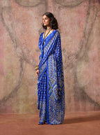 Monjolika Fashion Blue Color Ajrakh Print With Bandhej Pattern Satin Georgette Saree | Grocsy