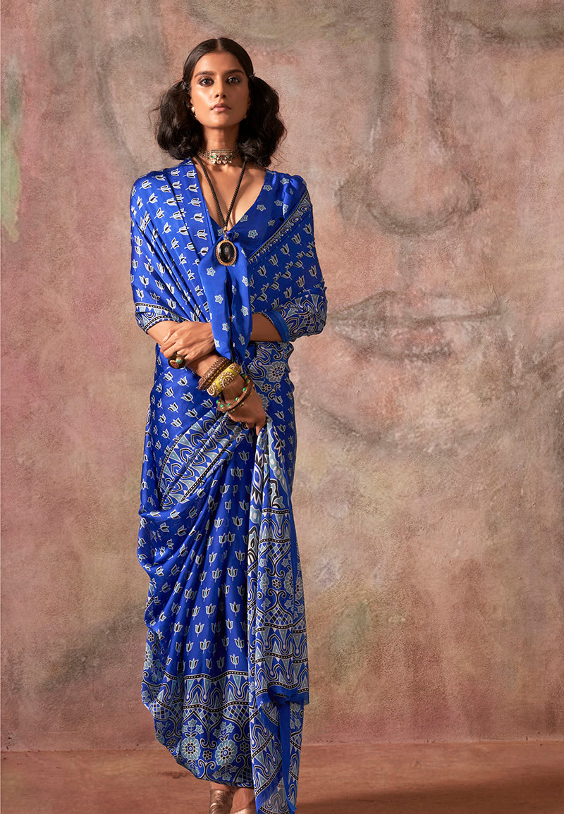 Monjolika Fashion Blue Color Ajrakh Print With Bandhej Pattern Satin Georgette Saree | Grocsy